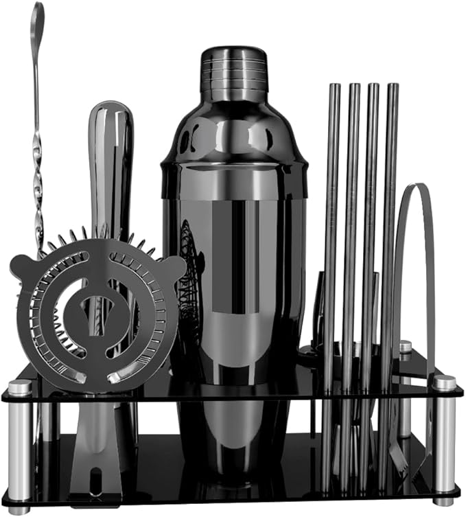 14-Piece Cocktail Shaker Set Bartender Kit with Black Stand, Bar Tool Set for Drink Mixing Bartending Kit Bar Sets Accessories: 750ml(25oz) Shaker, Jigger, Muddler, Cocktail Recipes (Black)