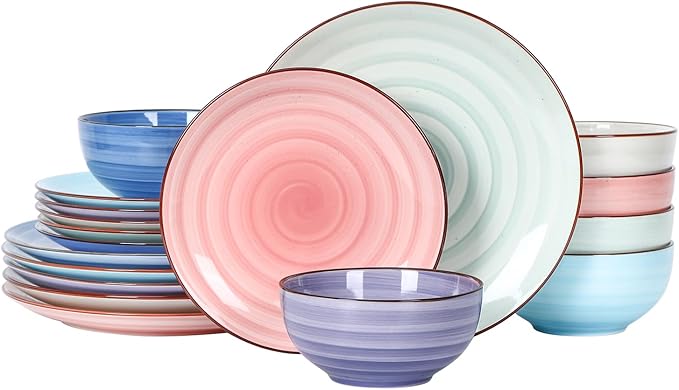 Selamica Ceramic Dinnerware Sets for 6, 18 Pieces Plates and Bowls Set, Scratch Resistant Dishes Set, Handpainted Swirl with Spot Dishwasher & Microwave Safe, Gradient Color