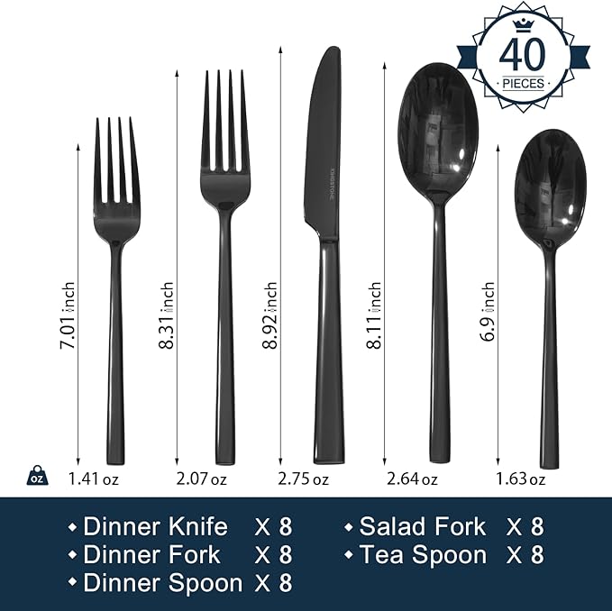 KINGSTONE Black Silverware Set, 40-Piece Forged Flatware Set Cutlery Set Premium Stainless Steel, Service for 8, for Kitchen, Home, Wedding, Party, Mirror Polished and Dishwasher Safe