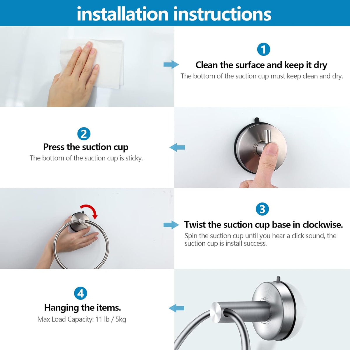 DGYB Suction Cup Hand Towel Ring Brushed Nickel Hand Towel Holder for Bathroom Wall SUS 304 Stainless Steel Kitchen Towel Hanger