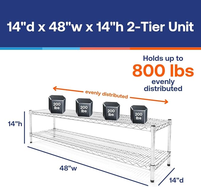 Shelving Inc. 14" d x 48" w Chrome Wire Shelving with 2 Tier Shelves, Weight Capacity 800lbs Per Shelf