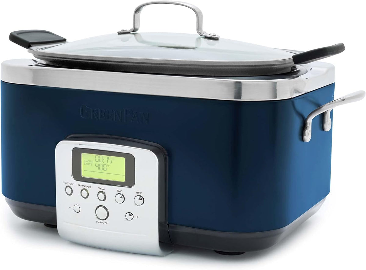 GreenPan Elite 8-in-1 Programmable 6QT Electric Slow Cooker,Dishwasher Safe Lid & Removable Crock, PFAS-Free Healthy Ceramic Nonstick Multi-Cooker,Sear, Sauté,Brown,Steam Basket,Roast, Oxford Blue