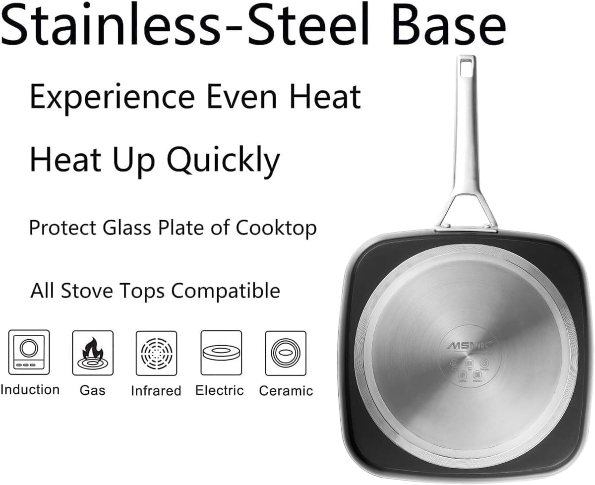 MsMk 11 Inch Induction Grill Pan, Bacon Carbonize also Nonstick, PFOA Free Non-Toxic, Stay-Cool Handle, Scratch-resistant, Induction Griddle Pan for Stove Top