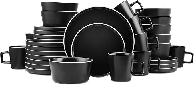Stone Lain Allison Stoneware Dish Set, 32-Piece Round Dishes for 8, Black and White