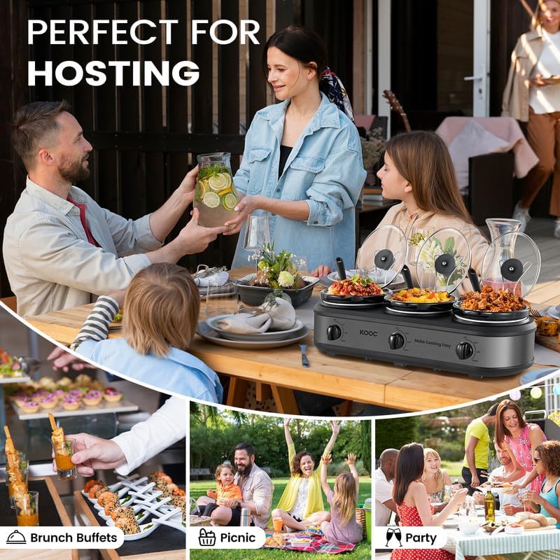 KOOC Triple Slow Cooker Buffet Server and Food Warmer 3x1.5 Quart Individual Temp Control With Lid Rests & Spoons With Liners Included Grey