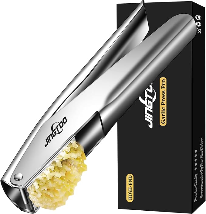 Garlic Press Stainless Steel, Premium Garlic Mincer - 5 Years Warranty - No Need to Peel Garlic Crusher, Ginger Masher & Presser Large Trough Ergonomic Handle, Easy Squeeze，Dishwasher Safe