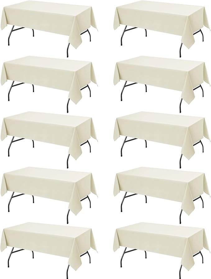 10-Pack Ivory Tablecloths for Rectangle Tables, 60 x 84 Inches, Stain-Resistant Polyester Fabric for 4 Foot Tables - Washable Table Covers for Weddings, Banquets, Birthday Parties, Events