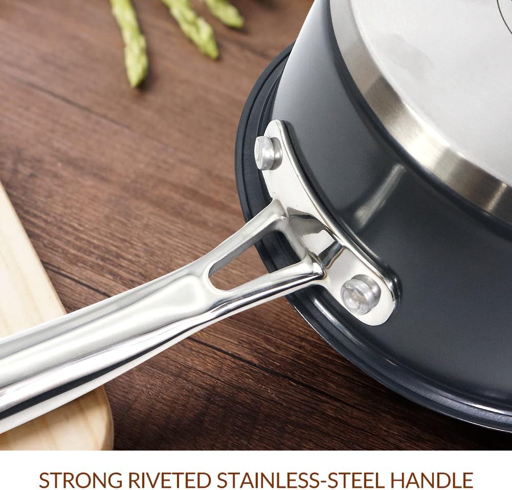 HOMICHEF 1 QT Nickel Free Stainless Steel Saucepan Coating Free - Navy Gray Healthy Non Toxic Small Pot Induction - Stainless Steel Saucepan with Glass Lid