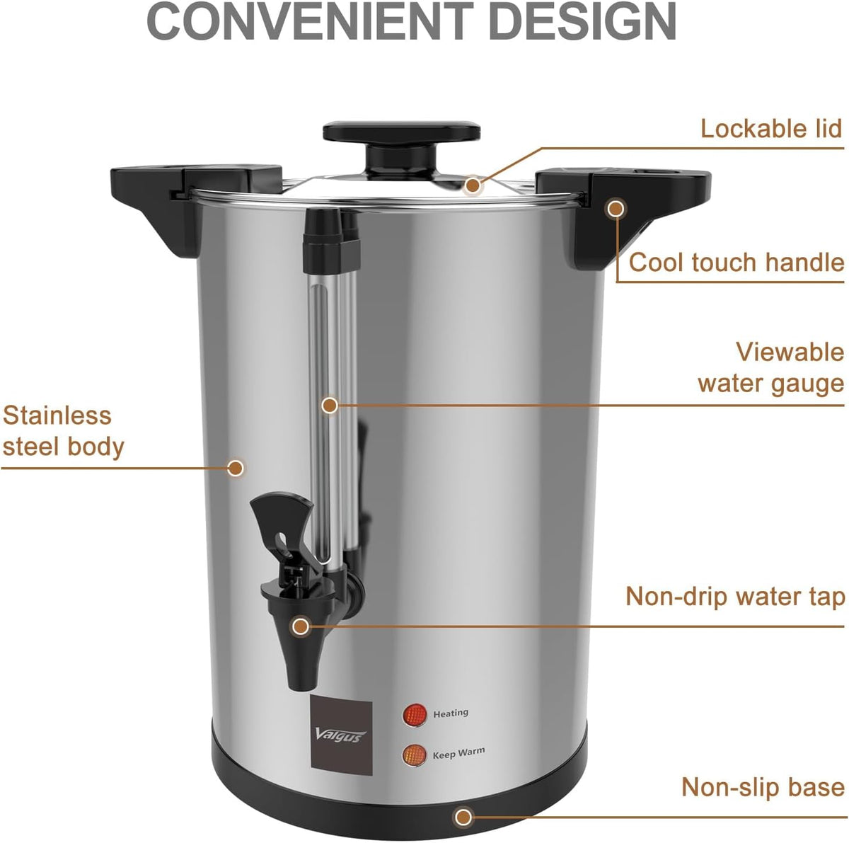 Valgus Commercial Coffee Urn 32-Cup 6L Stainless Steel Large Coffee Maker with Percolator Electric Hot Water Dispenser for Party, Office, Wedding