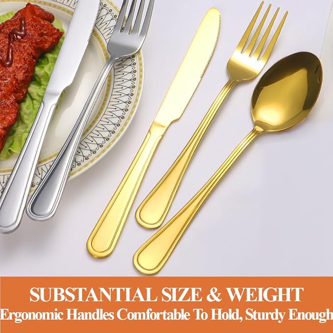40 Pcs Gold Silverware Set for 8 with Simple Striped Handle Design, Food Grade Stainless Steel Flatware Set, Eating Utensils Sets Include Fork/Knife/Spoon, Cutlery Set, Dishwasher Safe