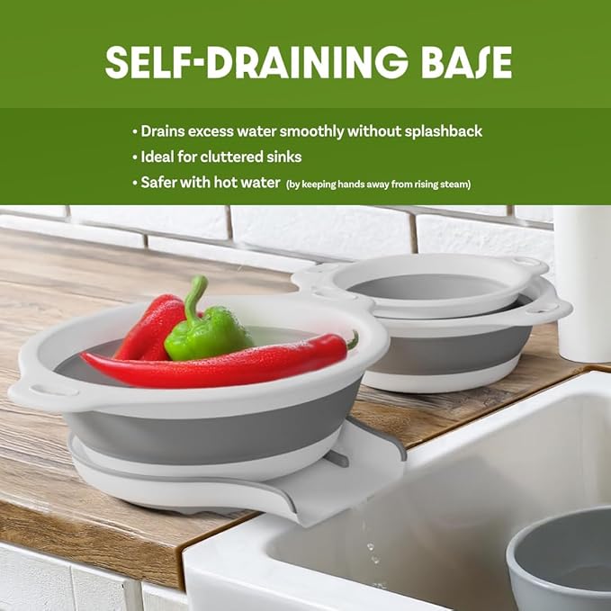 Collapsible Colanders (3 Pack Set) Food Strainers with Over-Sink Water Draining Base for Pasta Fruits and Vegetables (Patent Pending) White (3 Sizes, 3QT, 4QT and 5 Quart)