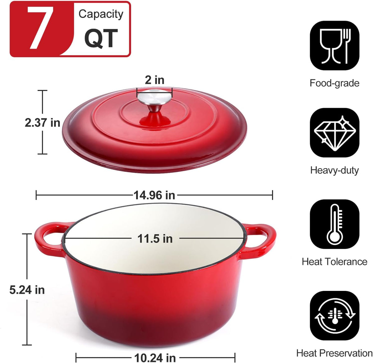 P&P CHEF 7QT Enameled Dutch Oven, Cast Iron Dutch Oven Pot with Lid for Bread Baking, Enameled Casserole Pot for Roasting Braising Stewing Frying Simmering, Various Stoves & Easy Clean, Red