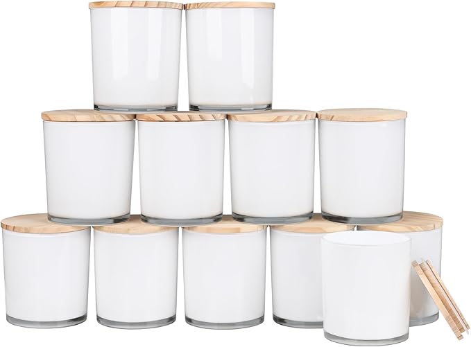 Thick Candle Jars for Making Candles 12 Pcs, 14 OZ Empty Jars with Wood Lids for Candle Making, Sample Container, White