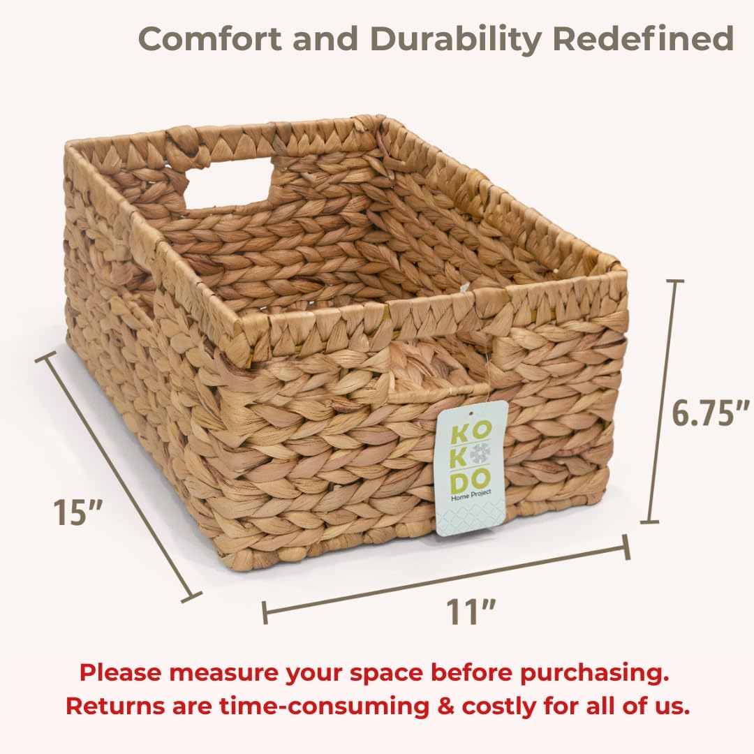 KOKODO 15"Lx11"W Large Rectangular Water Hyacinth Wicker Storage Baskets with Handles and Metal Frame, Stylish and Durable Handwoven Bin for Space-saving Room Organizing or Decorative Wicker Basket
