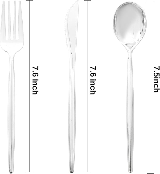 LIYH 102 Pcs Silver Plastic Silverware - Heavyduty Plastic Cutlery Set Disposable Utensils Flatware Set Knives Forks Spoons Disposable Cutlery