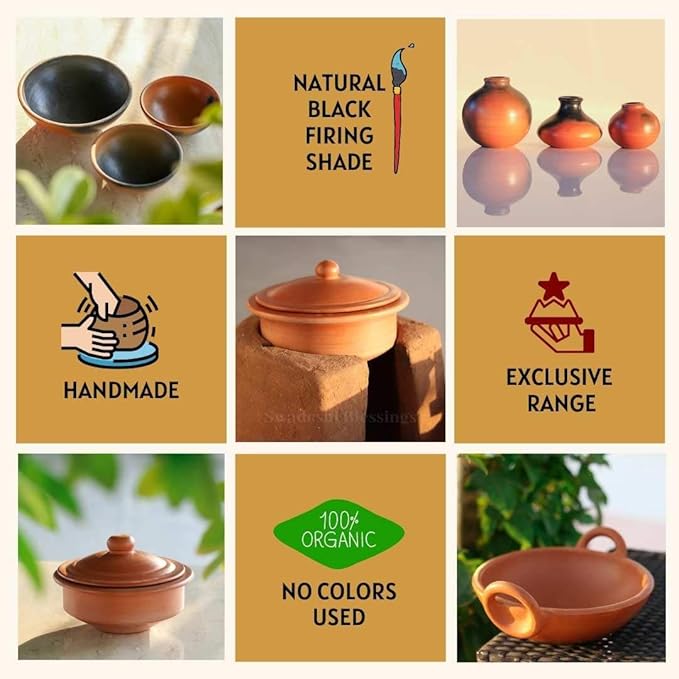 Swadeshi Blessings HandMade Exclusive Range Unglazed Clay Handi/Earthen Kadai/Clay Pot For Cooking & Serving with Lid, 2.8Liters (With Natural White Firing Shade & Mirror Shine) (Black)
