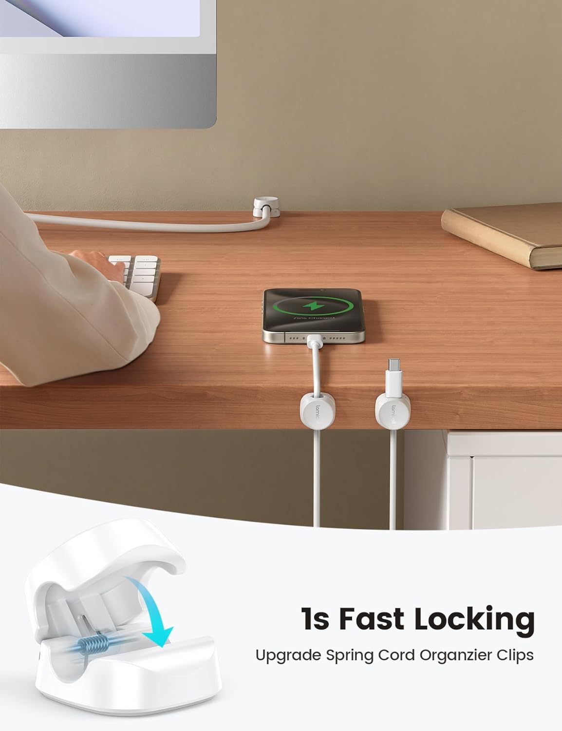 8Pack Cord Organizer [1s Lock] Spring Cable Management Clips - Lamicall Desk Cord Holder, Adhesive Cute Round Cable Clip, Phone Charger Wire Organizer Keeper for Nightstand Car Office Accessory, White