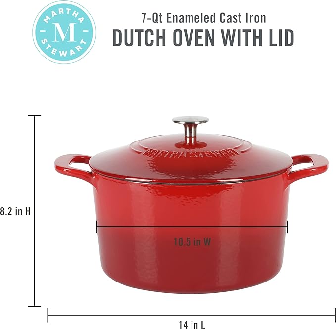MARTHA STEWART Gatwick 7-Quart Enamel Cast Iron Dutch Oven – Red Ombre – Heavy-Duty Dutch Oven for Slow Cooking, Braising & Baking