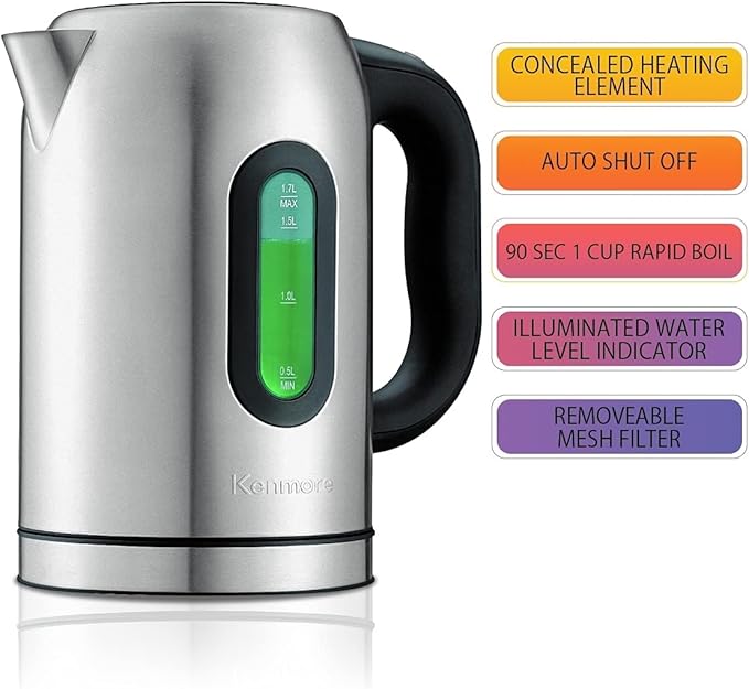 Kenmore Digital Cordless Kettle, 1.7 L / 1.8 Quarts Capacity, Stainless Steel Electric Kettle with Digital Temperature Control, Concealed Heating Element, and Keep Warm Mode