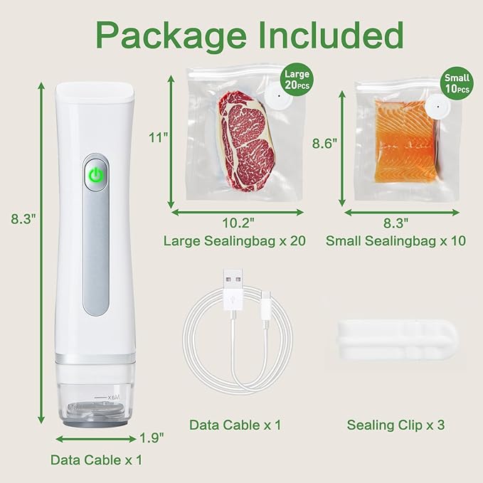 Vacuum Sealer For Food,Powerful Handheld Vacuum Sealer Machine With 30 Reusable Vacuum Bags,Portable Food Sealer,Automatic Power Off White