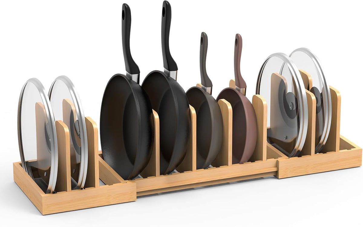 Expandable Pot Lid Organizer with 8 Removable Dividers, Bamboo Pot and Pan Organizer for Kitchen Counter or Cabinet
