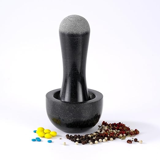 Tianman Small Mortar and Pestle Set 3.2 Inch.1/3 Cup.Mini Marble Grinder with Brush for Pills Herbs Spices,Easy to Grip.Efficient Grinding.Universal Dual Head Grinding Pestle.(Granite Black Polished)