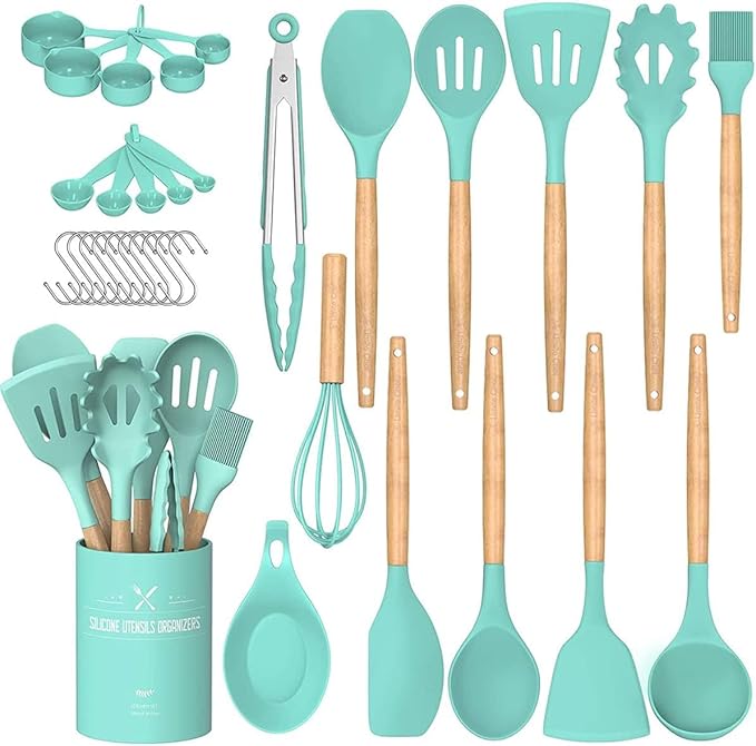 Umite Chef Kitchen Cooking Utensils Set, 24 pcs Non-stick Silicone Cooking Kitchen Utensils Spatula Set with Holder, Wooden Handle Heat Resistant Silicone Kitchen Gadgets Utensil Set (Green)