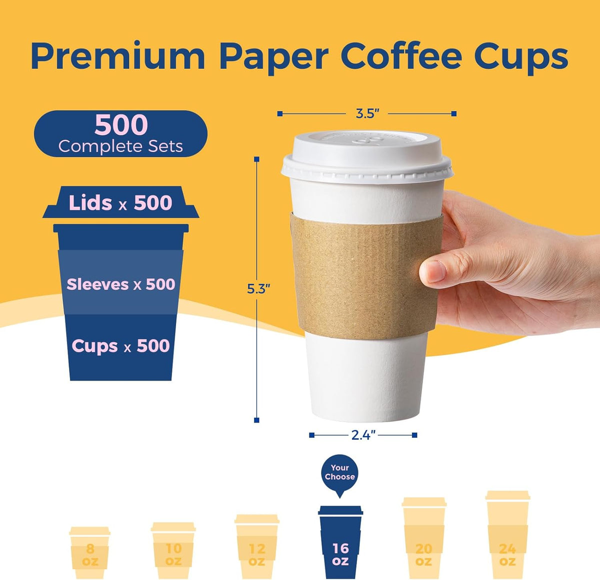 Fit Meal Prep 500 Pack 16 oz Disposable Coffee Cups with Lids, Sleeves, Leak-Proof To Go Coffee Cups with Lids, Durable Hot Paper Cups for Home, Office, Party, Business