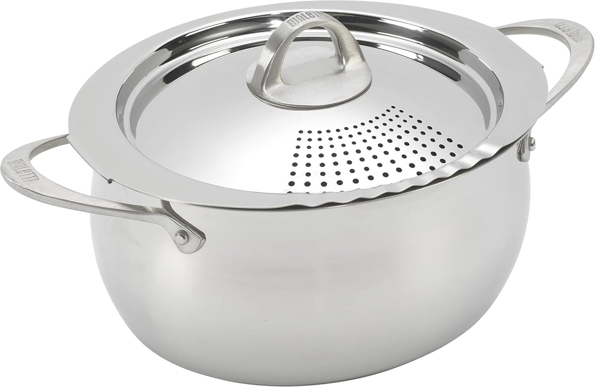 Bialetti 6-Quart Nonstick Aluminum Pasta Pot with Strainer Lid and Handles, PFOA-Free Nonstick Oval Cooking Pot and Lid, Silver