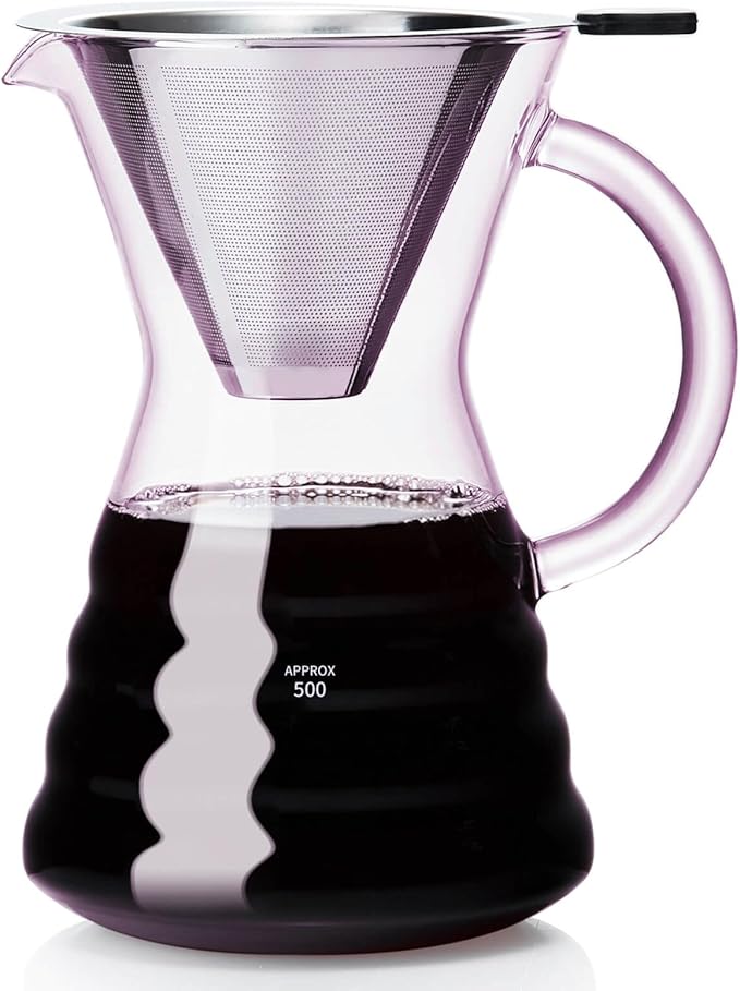Unbreakable - Pour Over Coffee Maker with Permanent Stainless Filter 27 fl oz, Thickened Heat-Resistant Borosilicate Glass Dripper Coffee Brewer, Stovetop Safe, Pink