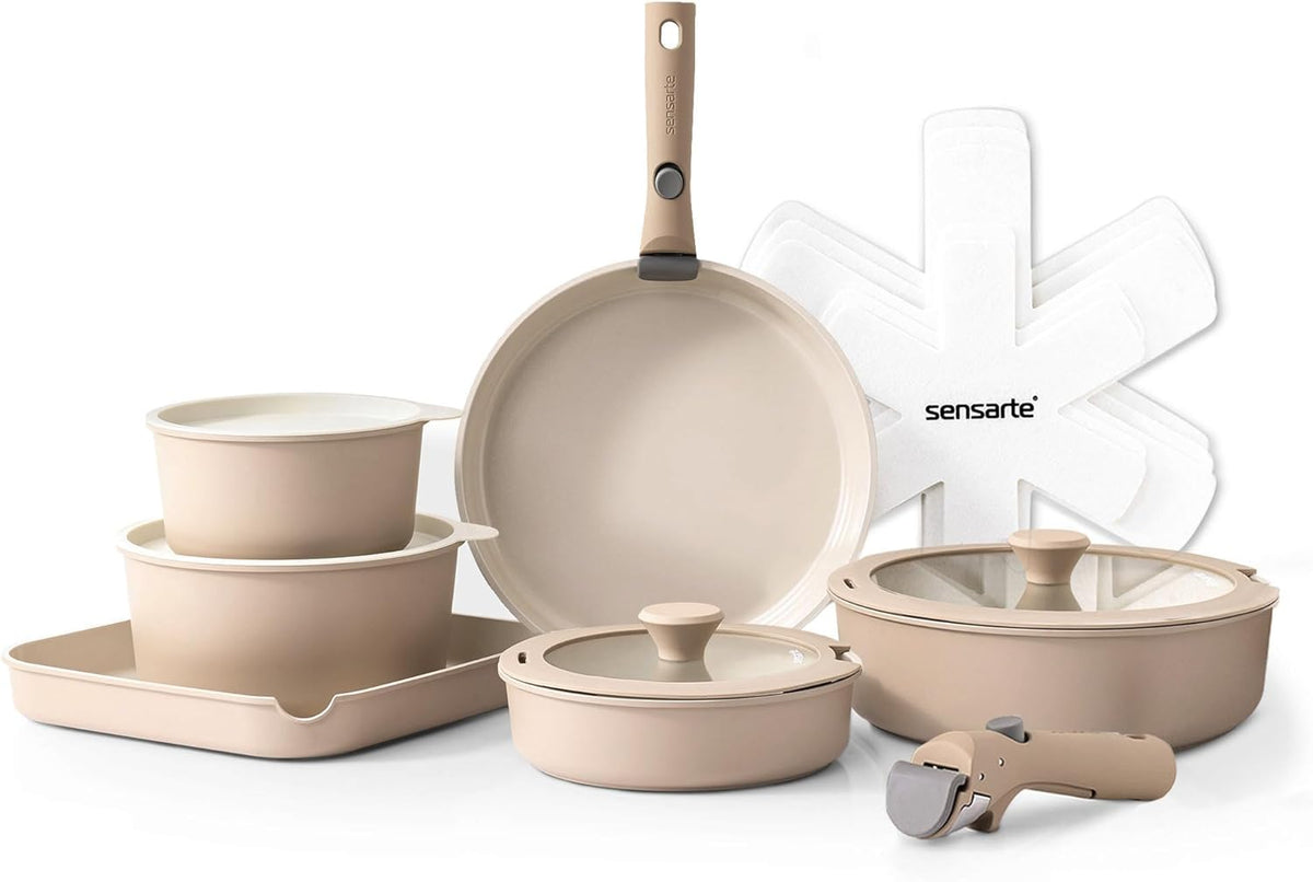 SENSARTE 17 Piece Ceramic Pots and Pans Set, Nonstick Detachable Handle Cookware, Induction Kitchen Cookware Set with Removable Handle, Dishwasher ＆ Oven Safe (Almond Beige)
