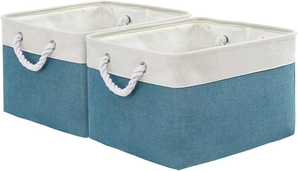 Storage Basket for Organizing - 17X15X12 inch 2 Pack Canvas Storage Bin for Shelves, Fabric Storage Cubes for Cloth Decorative Books Nursery (White & Green)