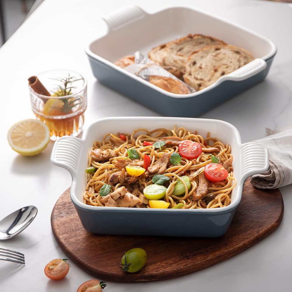 Sweejar Ceramic Baking Dish, 9 x 9 Cake Baking Pan for Brownie, Porcelain Square Bakeware with Double Handle for Casserole, Lasagna, Family Dinner (Fog Blue)