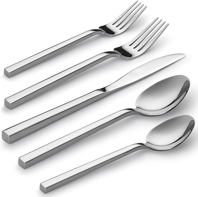 Alata Cube 40-Piece Forged Stainless Steel Flatware Set Cutlery Set, Silverware Set Service for 8, Mirror Finish, Dishwasher Safe