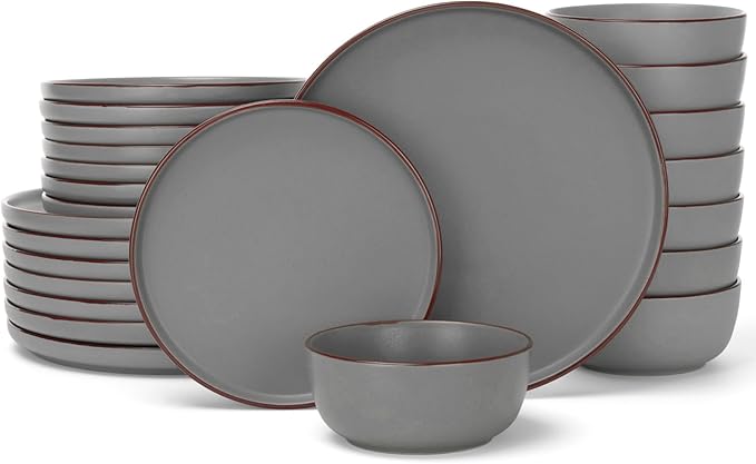 Famiware Mercury 24 Pieces Dinnerware Sets, Plates and Bowls Sets for 8, Microwave and Dishwasher Safe Dish Set, Dark Grey