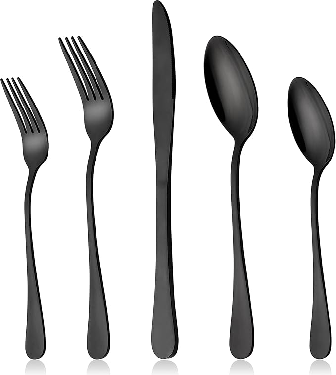 LIANYU Black Silverware Set for 2, 10-Piece Stainless Steel Cutlery Set, Includes Knives, Spoons and Forks, Mirror Polished Dining Flatware Tableware, Dishwasher Safe