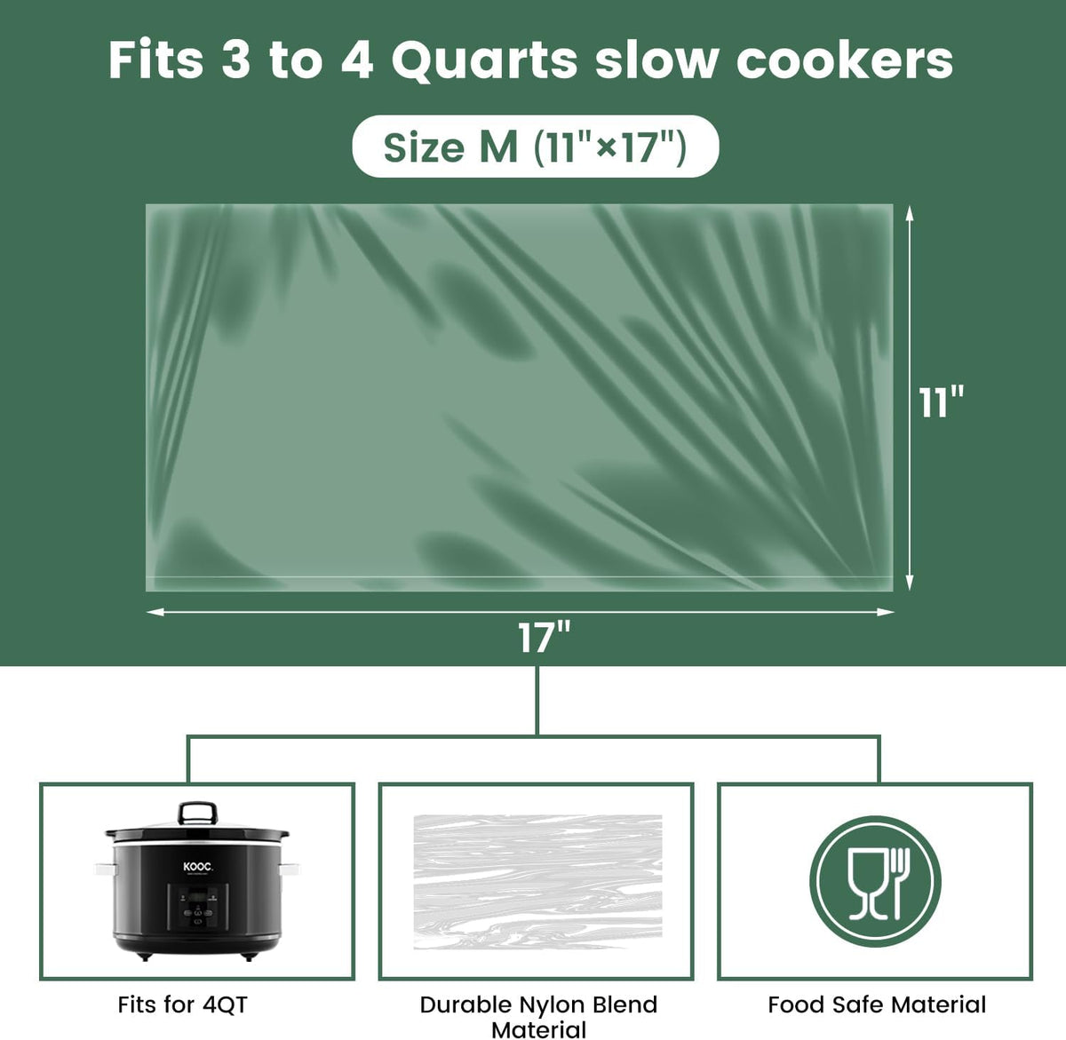 KOOC Slow Cooker Liners 11"x17" 20 count Middle Size Disposable Plastic Bags Pot Liners Cooking Bags Fit 3 qt to 4 qt Pot BPA Free