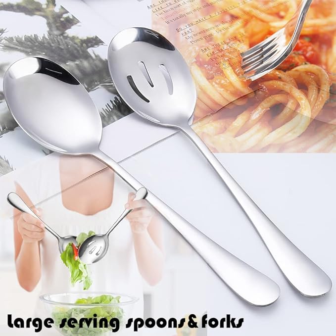 6 PCS Stainless Steel Serving Utensils, Large Serving Spoons Slotted Spoons, Forks, Ice Suger Tongs, Cake Server, Soup Ladle, Metal Utensils Set Great for Buffet Catering Banquet Party, Silver