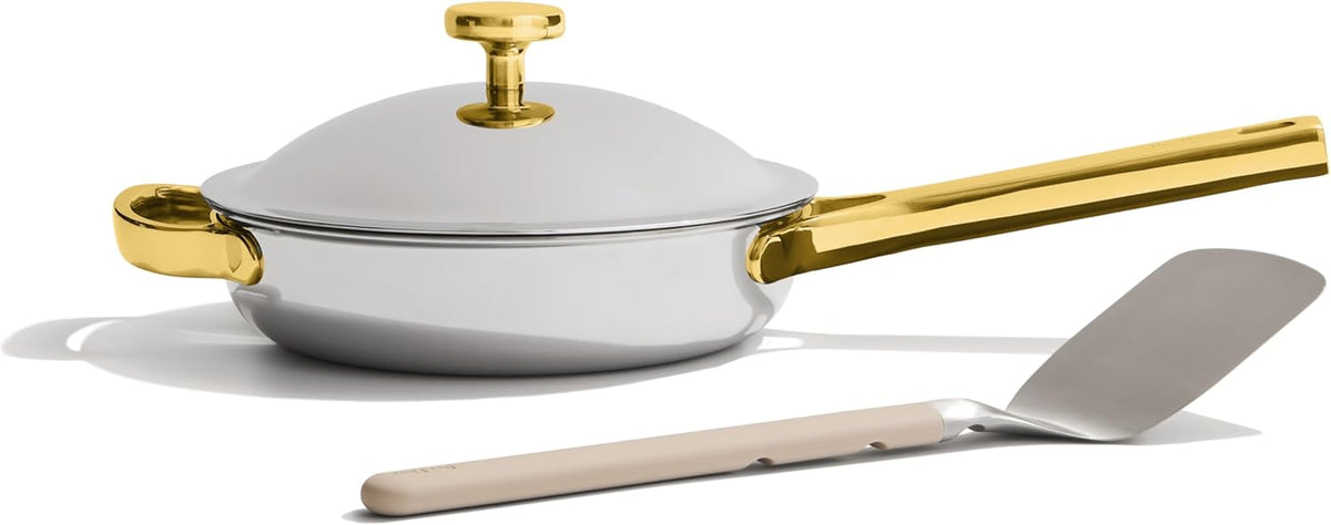 Our Place Titanium Mini Always Pan Pro - 8.5” (1.48 Qt) No-Coating Nonstick Skillet | Tri-Ply Titanium & Stainless Steel | Safe for Oven, Induction & Cooktops up to 750°F | Includes Spatula | Gold