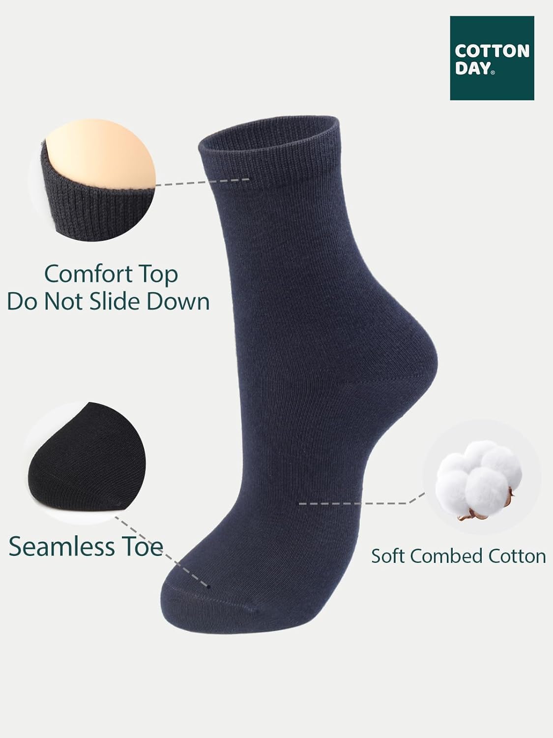 COTTON DAY Unisex Little Kids Youth Boys Girls Soft Cotton Crew Dress Socks Seamless Toe Black White Gray Navy 6 Pack