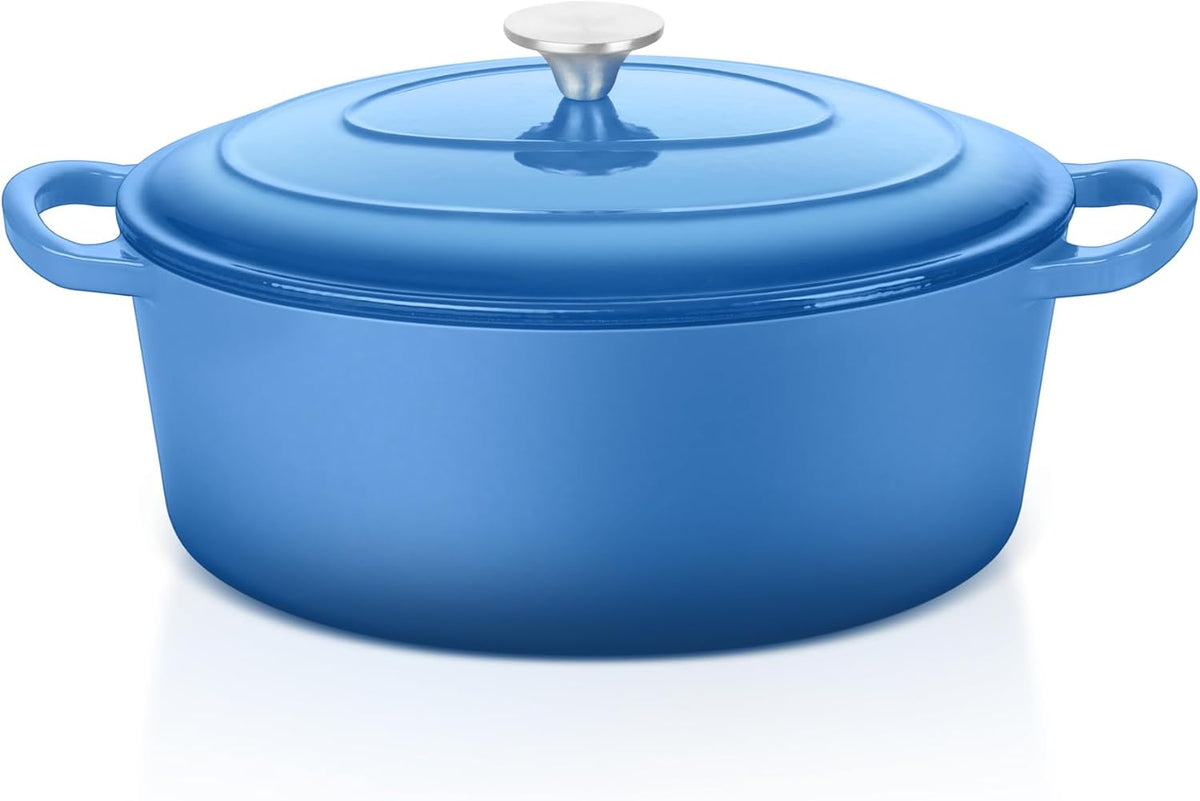 E-far 5QT Oval Dutch Oven Pot with Lid, Enameled Cast Iron Dutch Oven with Dual Handles for Sourdough Bread Baking Cooking, Nonstick Enamel Coated Cookware(Blue), Non-Toxic & Easy Clean