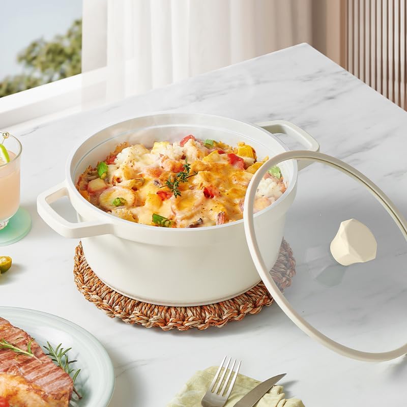 5QT Ceramic Nonstick Dutch Oven Pot with Glass Lid - Nonstick Induction StockPot with Lid Soup Ladle Spatula Healthy Cooking PFAS and PTFE Free
