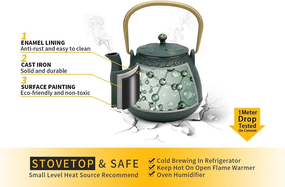 TOPTIER Japanese Cast Iron Tea Kettle with Infuser, Leaf Design Teapot Stovetop Safe Coated with Enameled Interior for 32 Ounce (950 ml), Dark Green