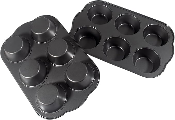 Non-Stick Jumbo Muffin Pans, 3.5" 6-Cup Set of 2 Baking Pans, Heavy Duty Carbon Steel Tins for Extra-large Muffins & Cupcakes