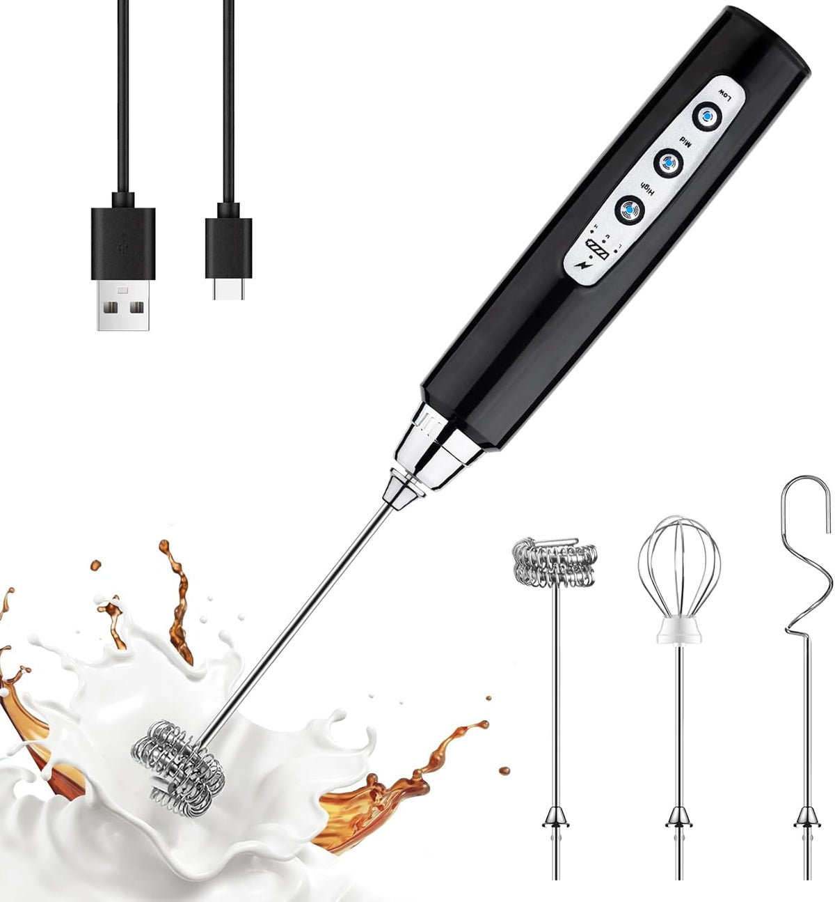 YUSWKO Handheld Milk Frother Wand for Coffee, Rechargeable Electric Whisk with 3 Heads 3 Speeds Drink Mixer Coffee Frother For Latte, Cappuccino, Hot Chocolate, Egg (Without Stand, Light Black)