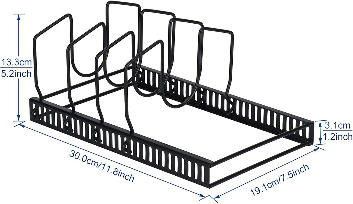 Toplife Pot Lids Organizer Rack for Cabinet and Countertop, 7+ Pan Lids and Bakeware Organizer Rack Holder with 7 Adjustable Compartments - Black