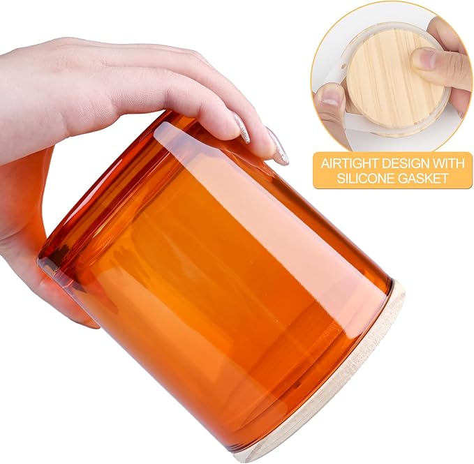 14 OZ Thick Candle Jars for Making Candles 12 Pcs, 3 Wick Empty Jars with Wood Lids for Candle Making, Sample Container,Clear Orange