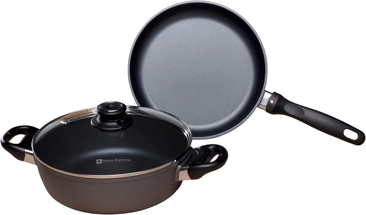 Swiss Diamond 3 Piece Induction Set: Fry Pan and Casserole HD Nonstick Diamond Coated Aluminum, Pot & Pan Set, Includes Lids, Dishwasher Safe and Oven Safe Pan Set, Grey