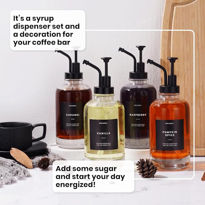 Molimoli Coffee Syrup Dispenser Set of 4, Glass Bottles with Pump, Maple & Coffee Syrup, Black