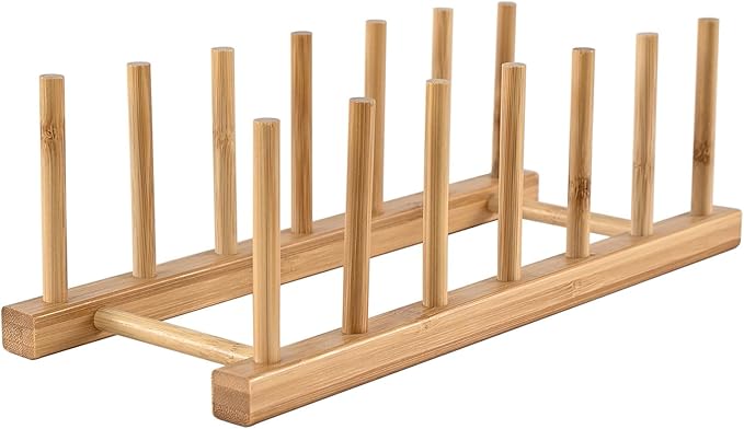 INNERNEED Bamboo Wooden Dish Rack, Vertical Plate & Lid Organizer for Kitchen Cabinet or Countertop, Drying Stand for Dishes, Cutting Boards